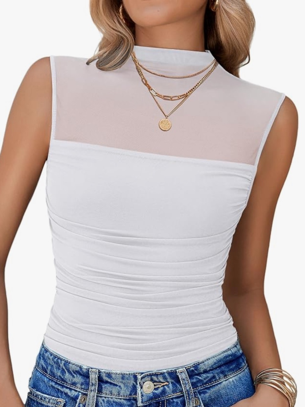 Reoria Women's White Sheer Sleeveless Bodysuit Small